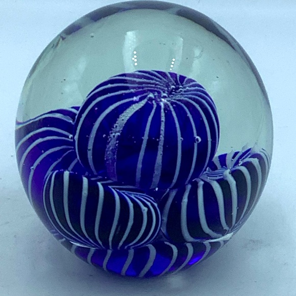 Other - Clear Glass Globe Paperweight with Cobalt Blue Swirled Orbs Design